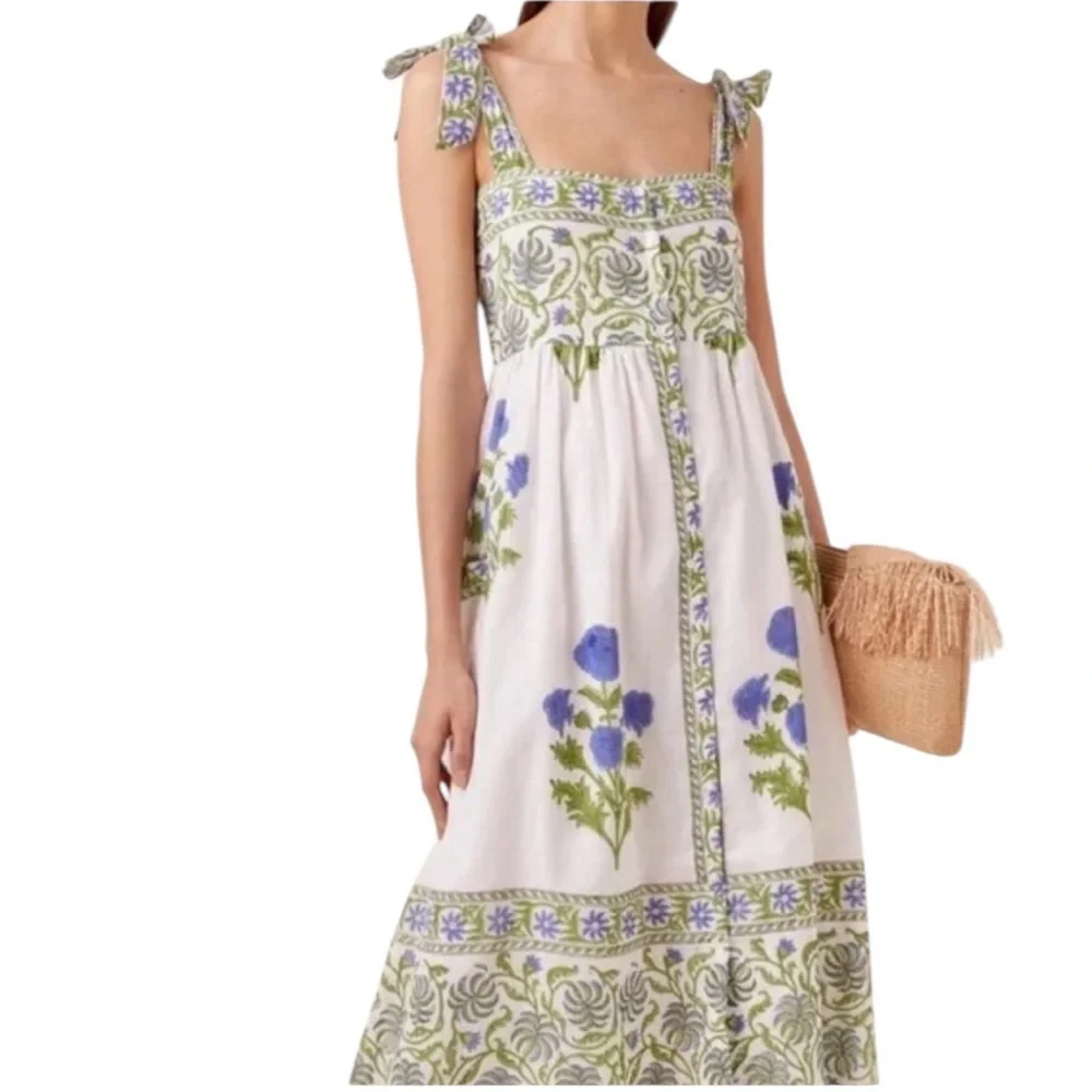 Juliet Dunn Tie Shoulder Midi Dress. Blue/White Floral. M. EUC - Picture 3 of 10